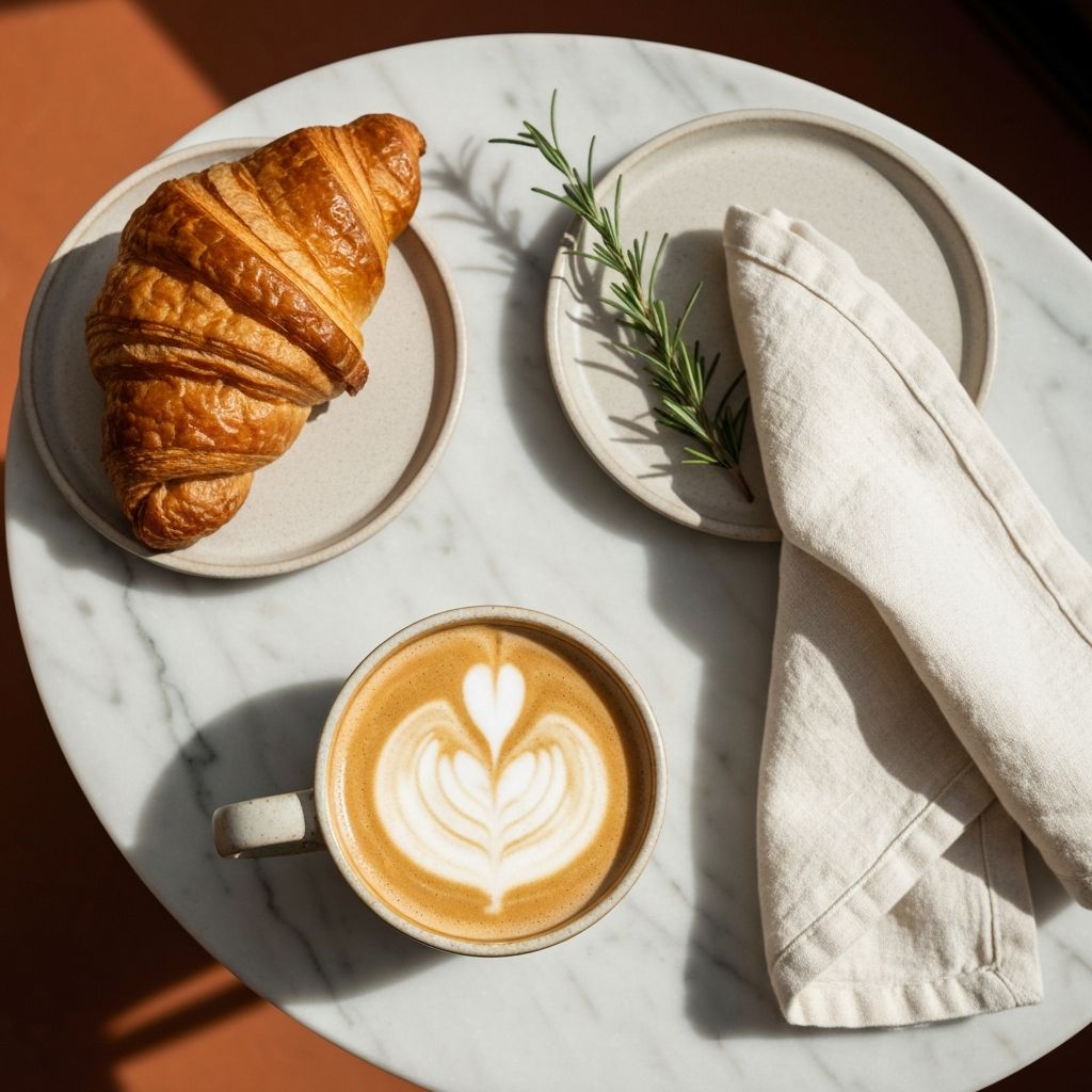 Coffee and a croissant served on a marble table, a moment from a recent event