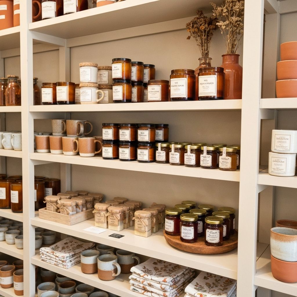 A counter with locally made candles, ceramics and small jars of honey