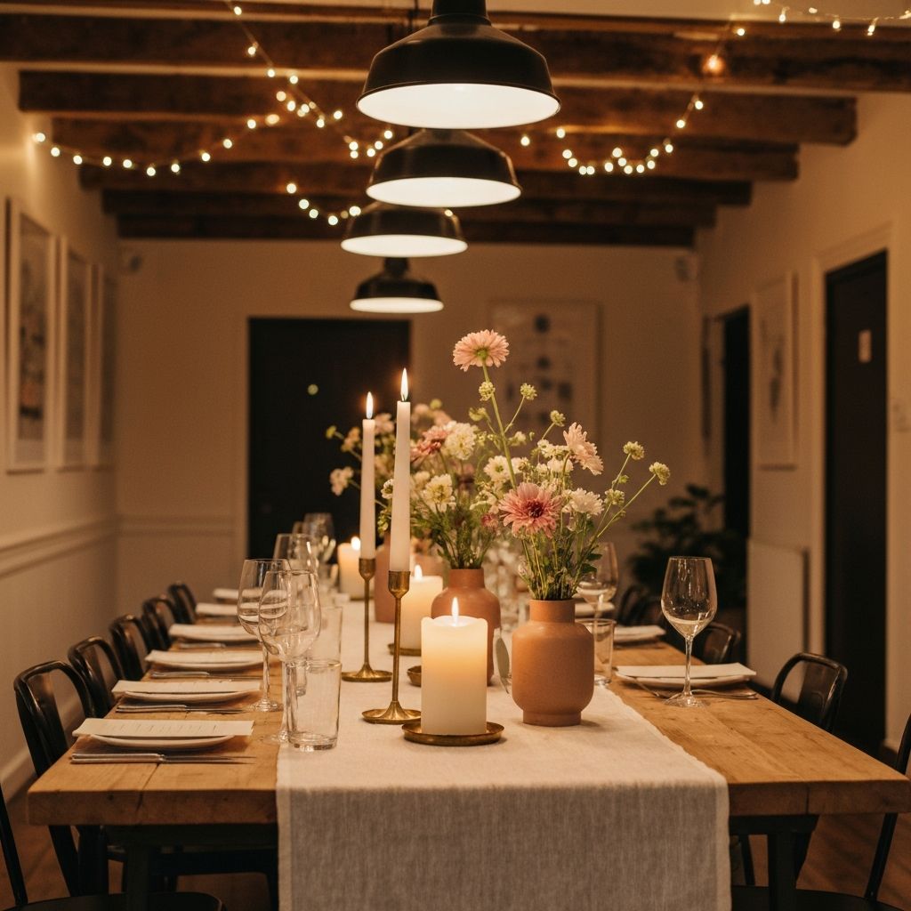 The back room set for a private dinner with candles, fresh flowers and warm lighting